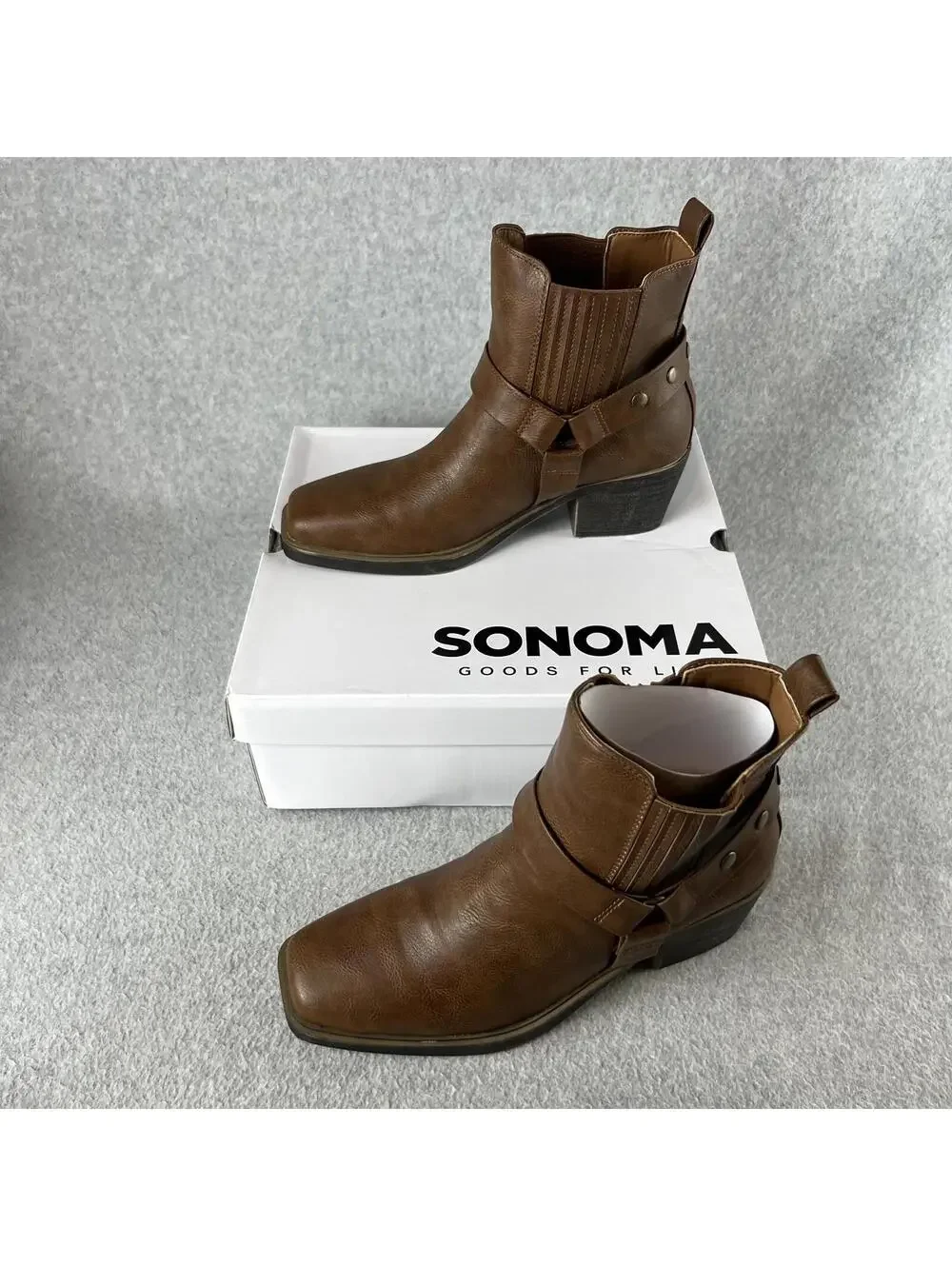 Sonoma Western Ankle Boots Womens Size 6.5 Block Heel Brown Faux Leather New